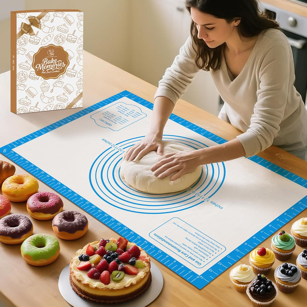Silicone Pastry Mat for Dough Rolling, Silicone Baking Mat with Measurement for Baking Pie Crust, Pizza &amp; Cookies, Non stick &amp; Non Slip Silicone Mat, Blue 28X20INCH