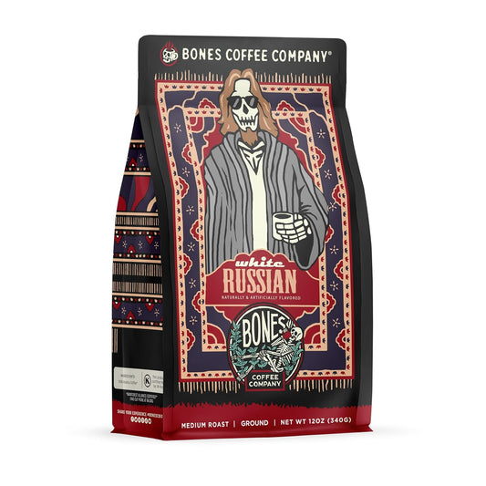 Bones Coffee Company White Russian, Cream and Cocktail Flavored Coffee, Medium Roast Low Acid Arabica Beans Compatible with