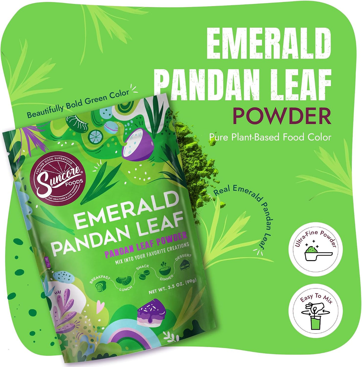 Suncore Foods Emerald Pandan Leaf Powder 3.5oz | Gluten Free | Vegan | Natural Green Food Coloring, For Baking, Drinks, Desserts, Smoothies, Gourmet Flavor, Non-GMO, No Caffein, Resealable Pouch