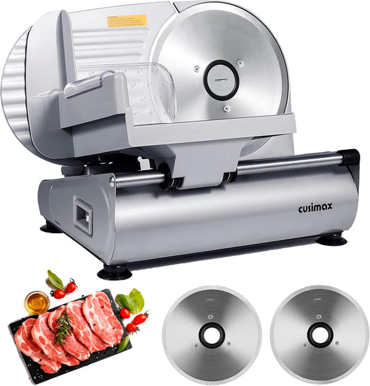 Meat Slicer, CUSIMAX Electric Deli Food Slicer with Two 7.5'Removable Stainless Steel Blades and Pusher, Cheese Fruit