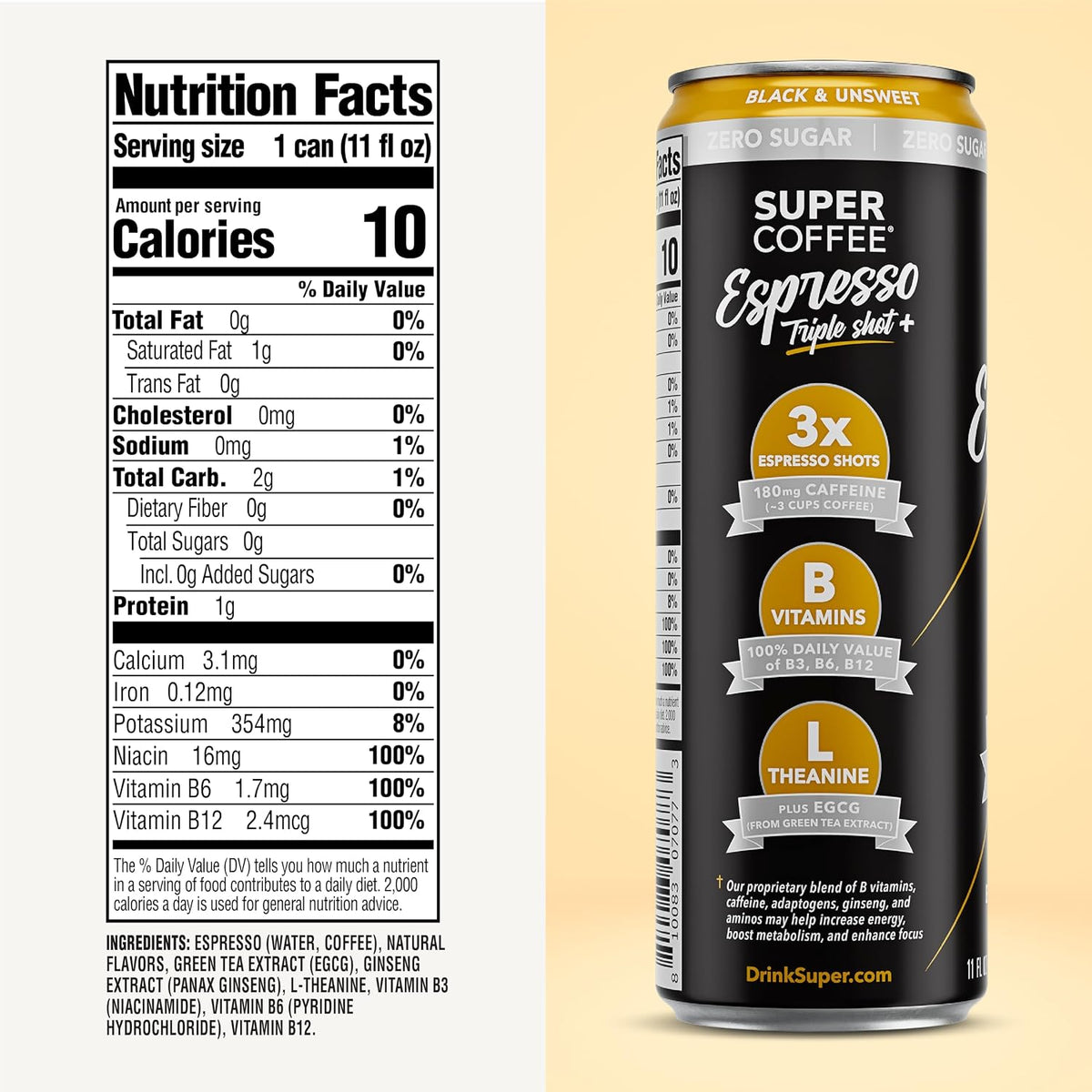 Super Coffee Espresso Triple Shot Black, 0g Sugar Cold Brew, 11oz 12Pk