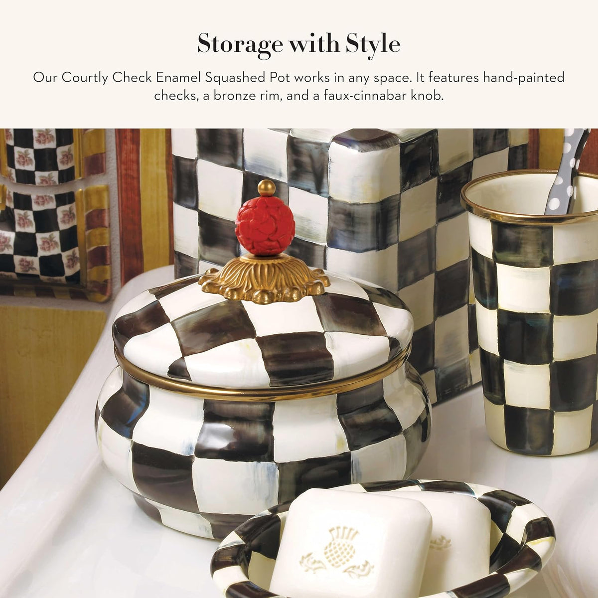 MACKENZIE-CHILDS Enamel Squashed Pot, Black-and-White Courtly Check | Hand-painted design, decorative container with lid, made from enameled steel, 5" dia. x 5.5" H, 20-ounce capacity