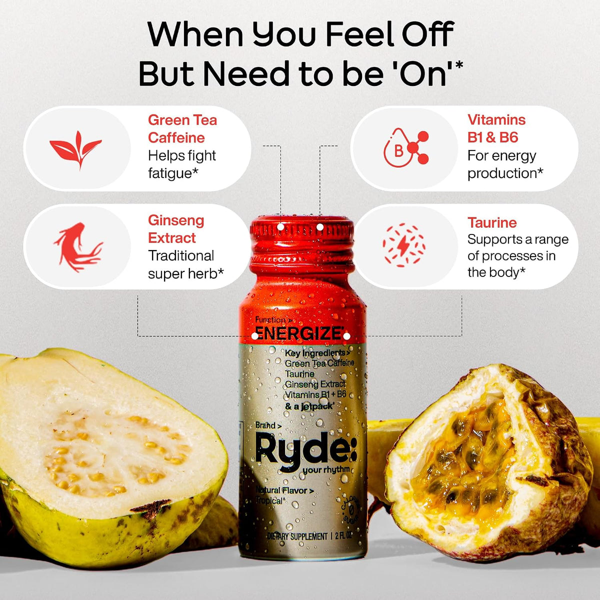 RYDE Variety Shots, Tropical, Orange &amp; Raspberry Flavors, 24 Pack | energy and focus support; calm support; three-flavor assortment; daily wellness supply; vegan zero calorie