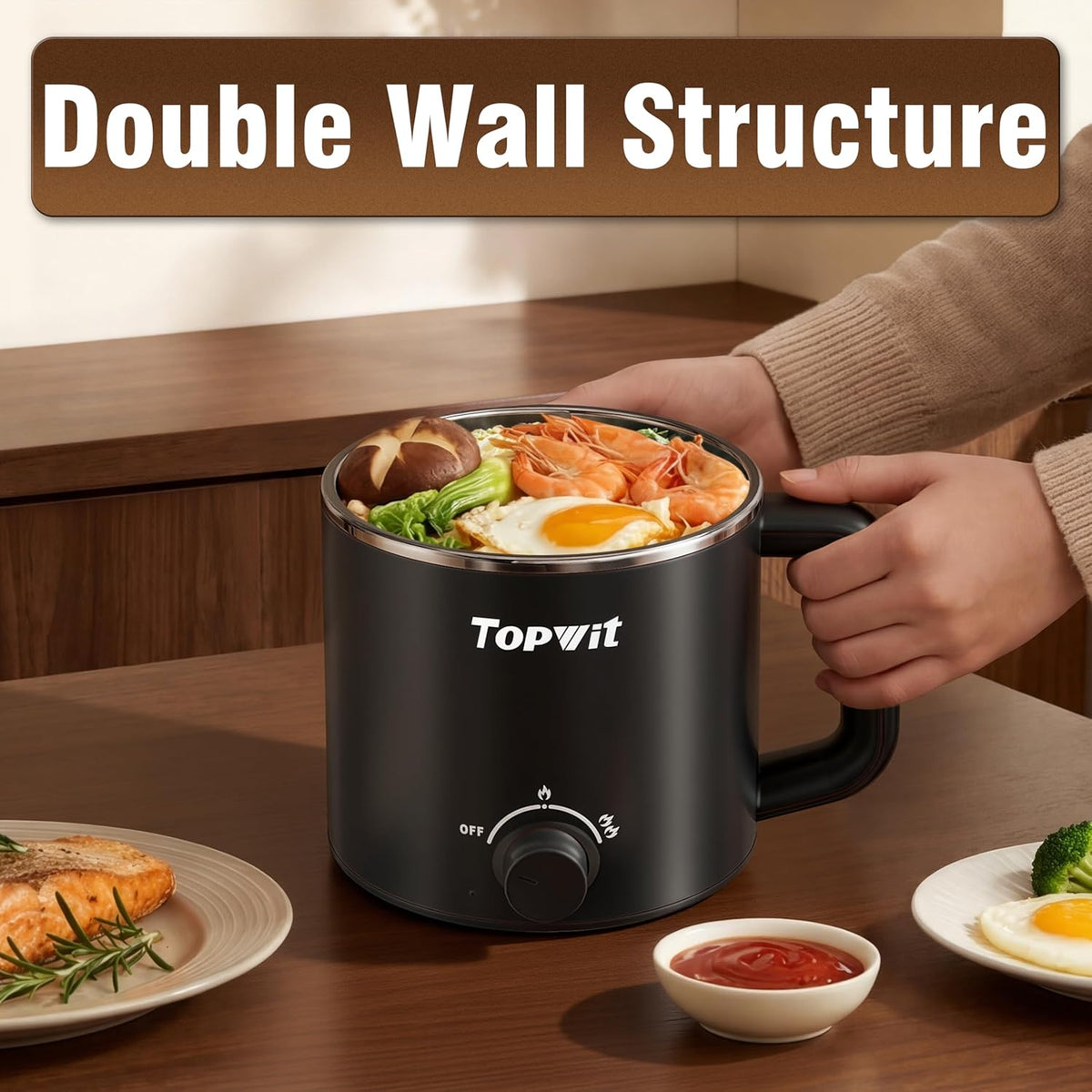 Topwit Hot Pot Electric with Steamer, 1.6L Ramen Cooker, Electric Pot for Pasta, Shabu-Shabu, Oatmeal, Soup and Egg, Portable Cooker with Dual Power Control, Dorm Room Essentials, Black