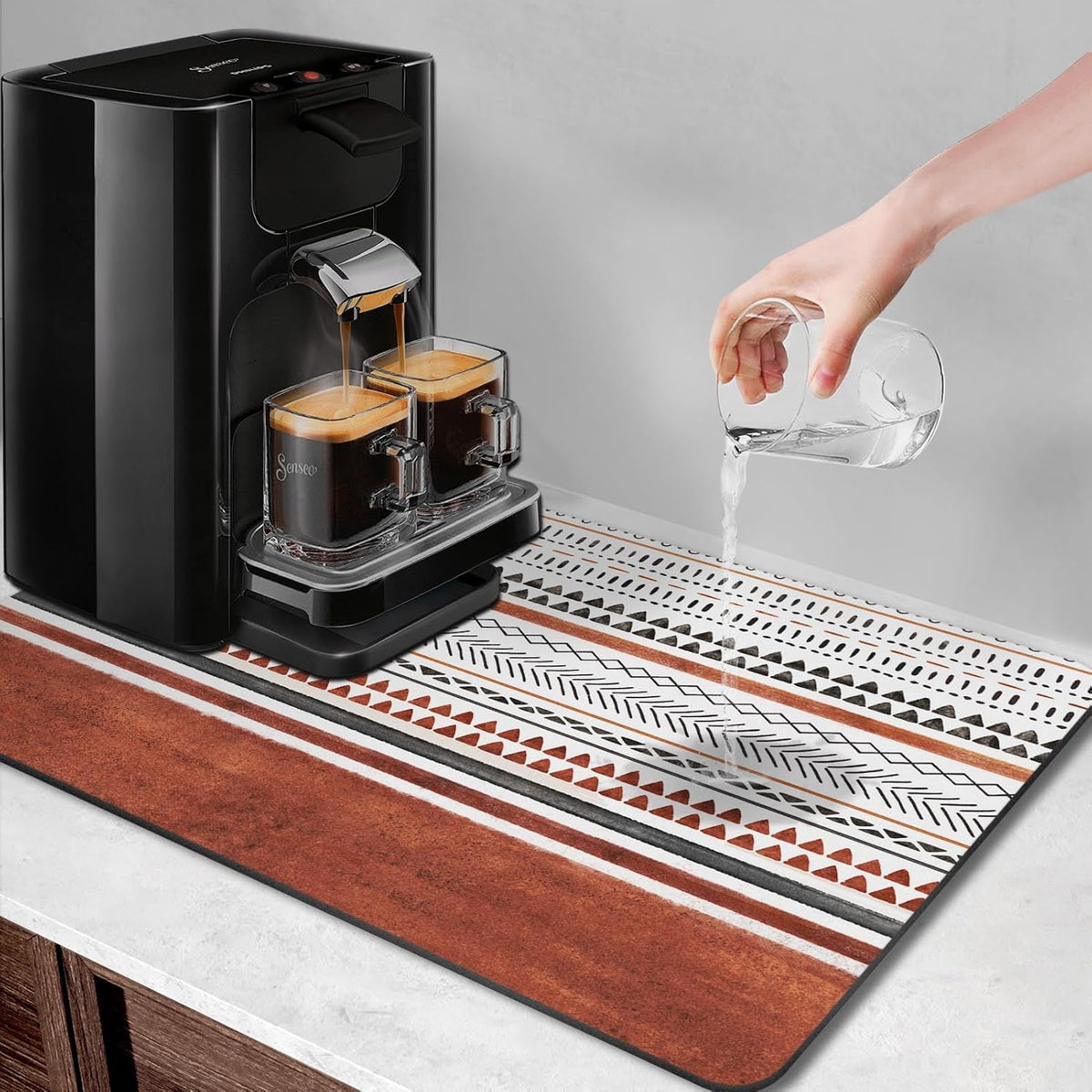 Arttown Coffee Mat for Countertops, 2 Pcs, 12" x 19" Boho Stripes | Rust Industrial Art Dish Drying Mats Rubber Backed, Kitchen Bar Accessories for Espresso Machine Rack Hide Stain