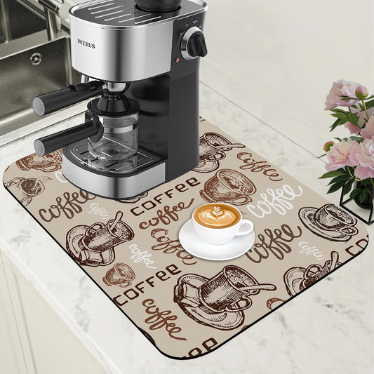 Coffee Cup Dish Drying Mat Cute Doodle Coffee Bar Mat for Countertop Absorbent Rubber Backed Hide Stain Dish Drainer Rack