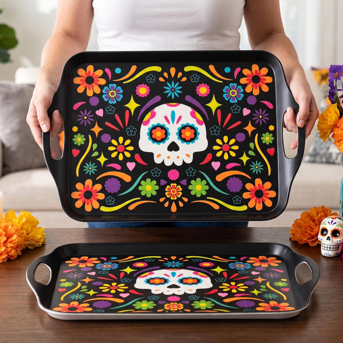 Oasis Choice 2-Pack Dia de Los Muertos Serving Trays, 17.3"×12.2" Calavera Sugar Skull Platters, Durable Bamboo Fiber, Dishwasher Safe for Fiesta &amp; Day of the Dead (Calavera Vibrant, 17inch)