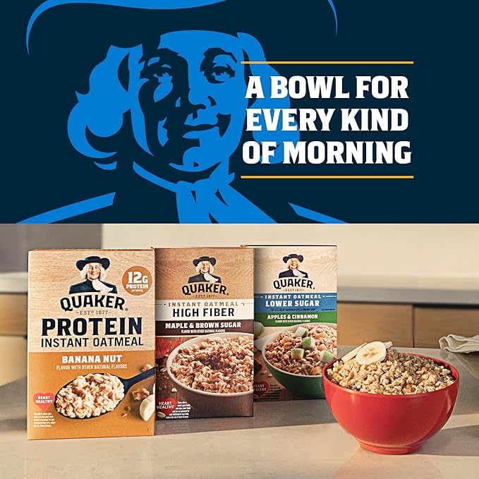 Quaker Protein Instant Oatmeal, Apple Cinnamon, 12g Protein per Serving, Whole Grains, No Artificial Flavors, No Added Colors, 1.76 oz Packets, (24 Pack)