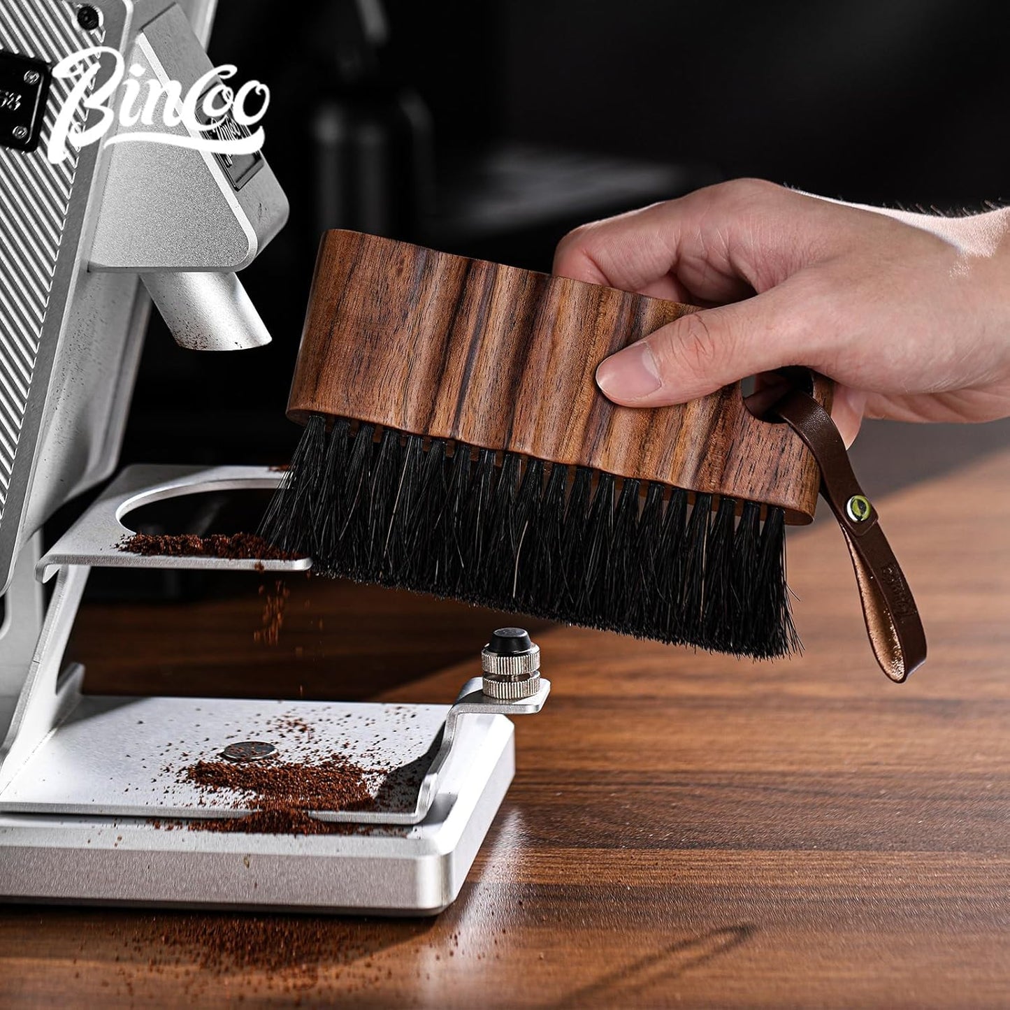 Bincoo Coffee Brush with Cleaning Cloth - Wooden Handle Cleaning Brush for Grinders, Espresso Machines & Countertops, Reusable Barista Tool with Hanging Hook for Coffee Grounds Removal