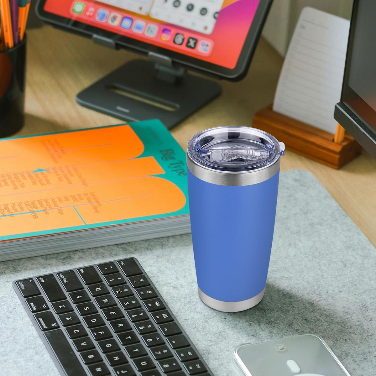 20 oz Tumbler Stainless Steel Tumblers Bulk with Lid Double Wall Insulated Coffee Tumbler Cups for Hot &amp; Cold Drinks Powder Coated Travel Coffee Tumbler Mug Metal (Azure, 1 pack)