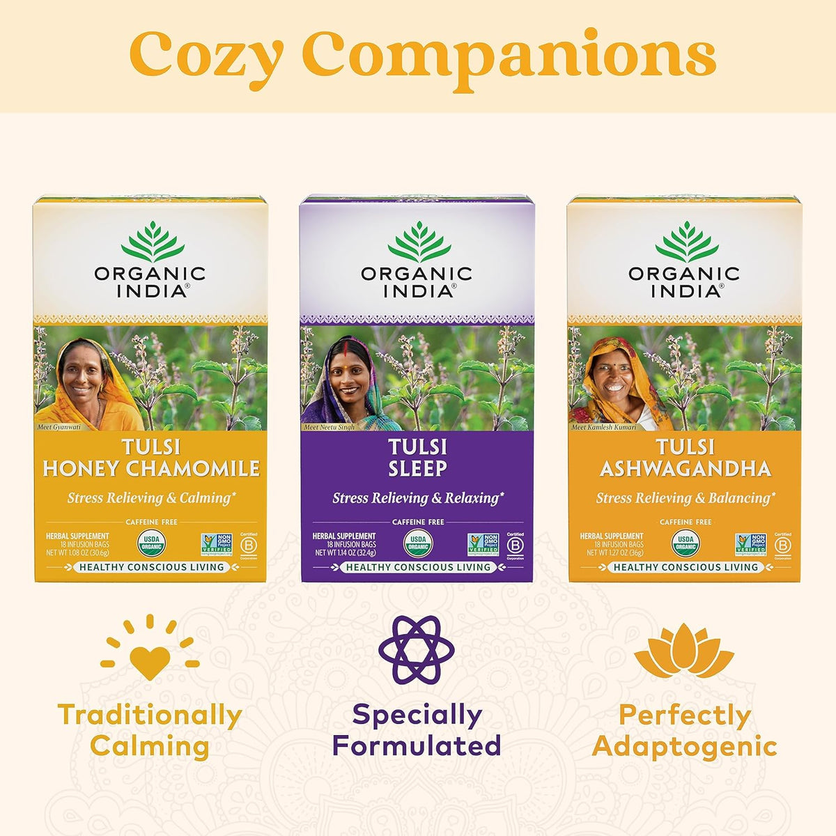 Organic India Tulsi Honey Chamomile Herbal Tea - Holy Basil, Stress Relieving &amp; Calming, Immune Support, Adaptogen, Vegan, USDA Certified Organic, Caffeine-Free - 18 Infusion Bags, 6 Pack