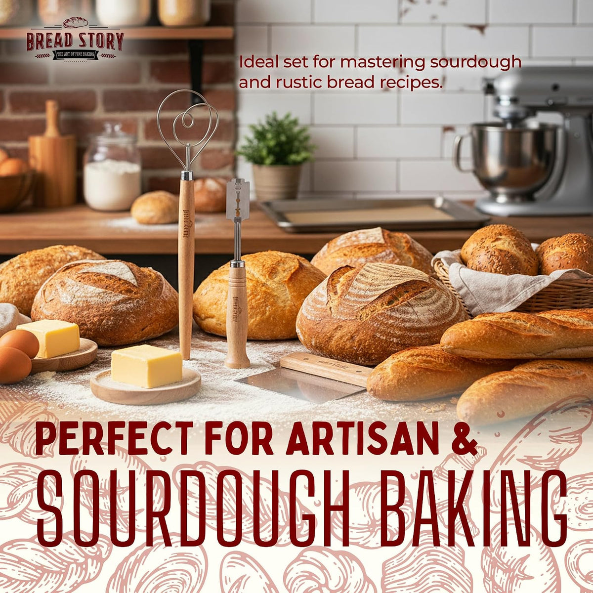 Danish Dough Whisk Set – Wooden Scraper &amp; Lame Scoring Tool | Sourdough Whisk &amp; Mixing Tool Kit | Bread Utensils for Homemade Bread, Pizza, Pastry | Stainless Steel &amp; Wood