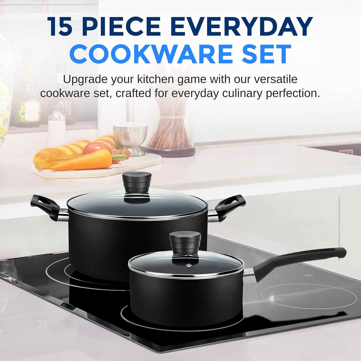 15-Piece Nonstick Kitchen Cookware Set - PTFE/PFOA/PFOS Free Heat Resistant Lacquer Kitchen Ware Pots Pan Set w/Bakelite Handles, Saucepan, Frying Pans, See-through Lid - SereneLife SLCW15BLK (Black)