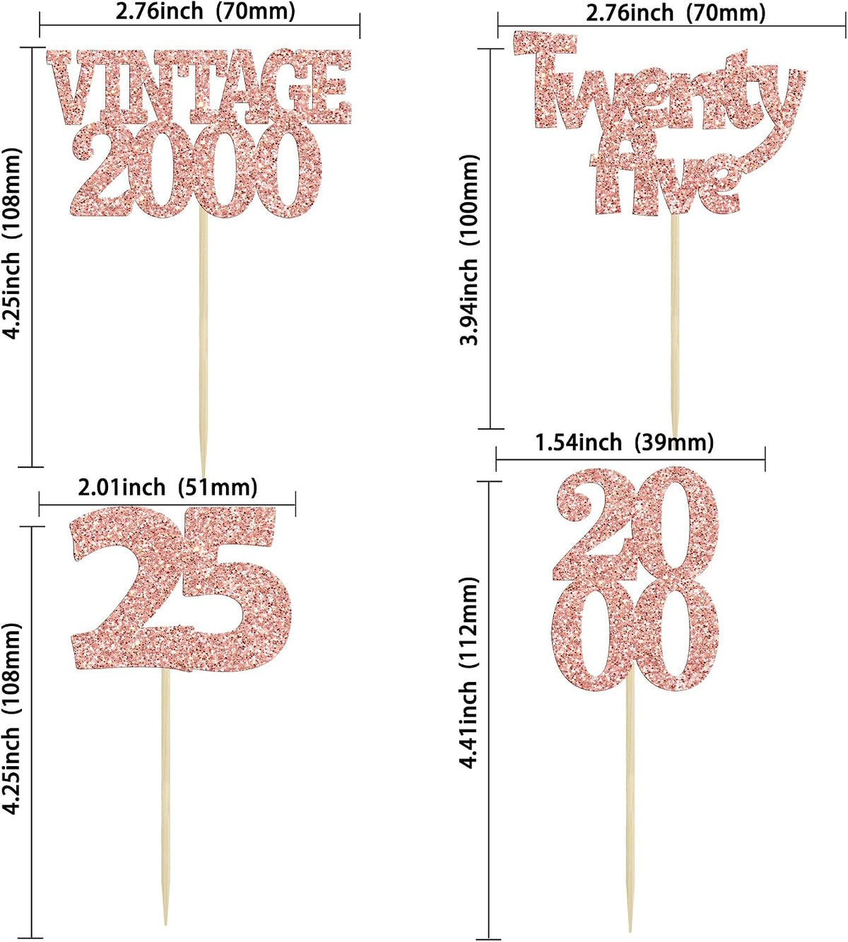 Gyufise 24Pcs 25th Birthday Cupcake Toppers Glitter Twenty-five Vintage 2000 Hello 25 Years Birthday Cupcake Picks Cheers to 25 Cake Decor for Happy 25th Anniversary Party Supplies Rose Gold