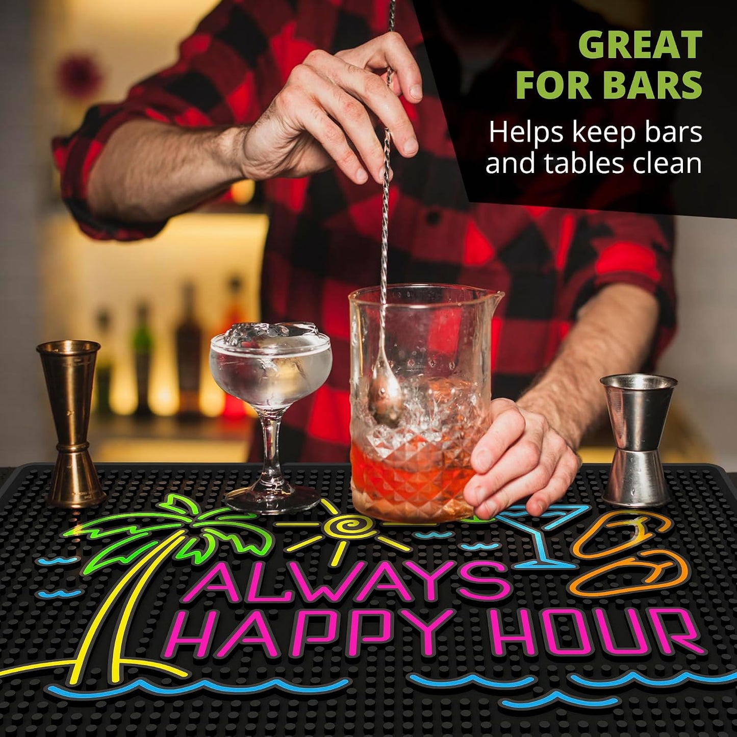 Always Happy Hour Bar Mat - Tiki 18"x12" Rubber Bar Mat for Home Bar, Outdoor Bar, Wet Bar &amp; Countertop, Non-Slip Tropical Spill Mat for Pool, Patio &amp; Tiki Lounge