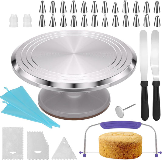 12 Inch Round Aluminum Revolving Cake Decorating Stand,35 pcs Cake Turntable Kit Supplies, Rotating Cake Stand,for