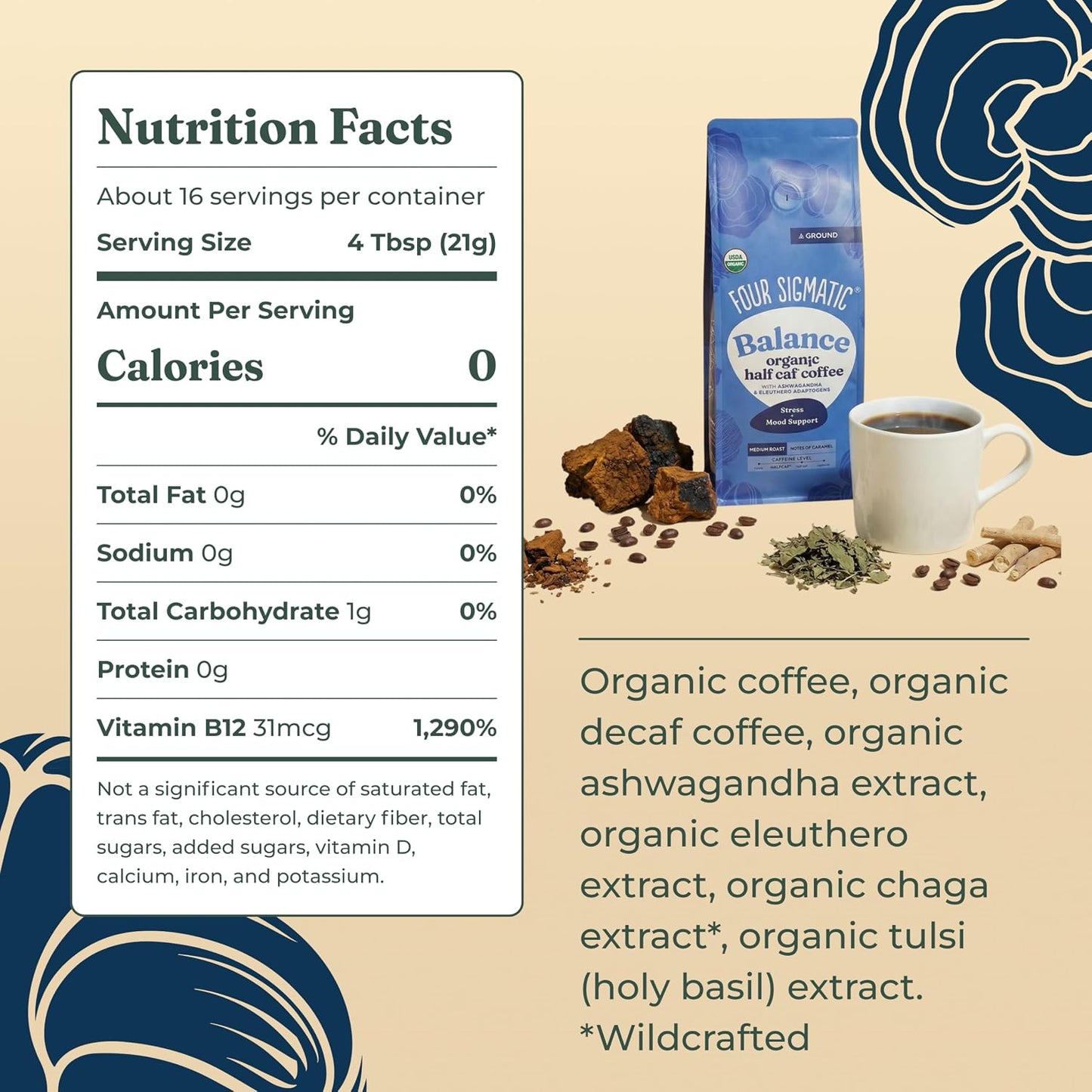 FOUR SIGMATIC Organic Balance Adaptogen Ground Coffee, 12 OZ