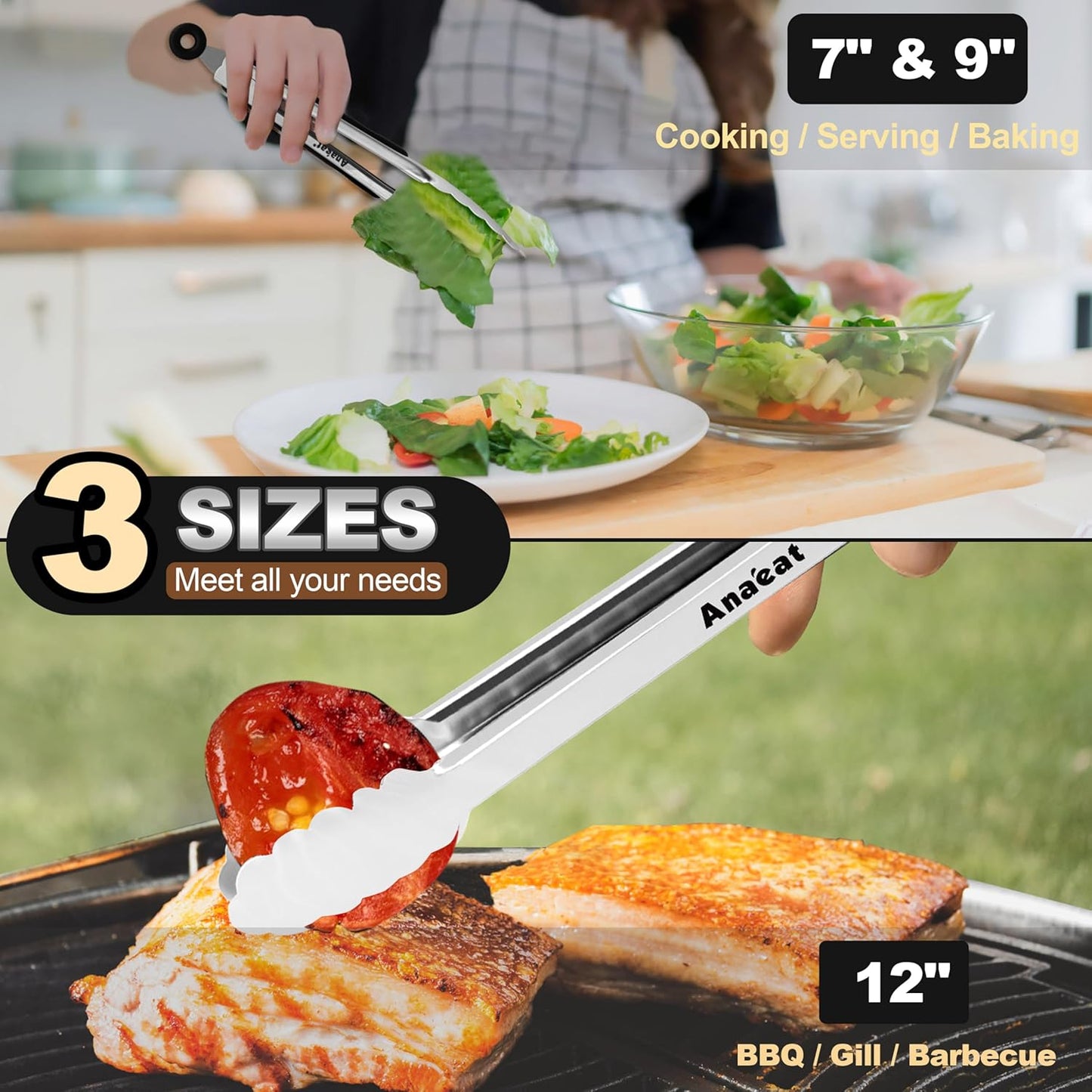 Anaeat Premium Kitchen Locking Tong Set of 3 - Heavy Duty Stainless Steel Food Tongs with Long Handle & Non-Slip Silicone Grip for Cooking, Baking, Grilling - Heat Resistant up to 480°F