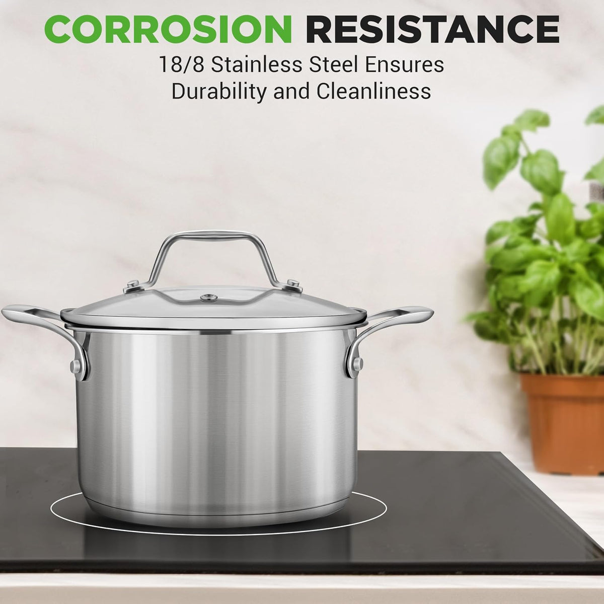 NutriChef 3-Quart Stainless Steel Pot with Glass Lid - 18/8 Food Grade Heavy Duty Cookware Stockpot for Stews, Simmering & Soups, Dishwasher Safe, For Induction, Gas & Ceramic Cooktops - NCSP3