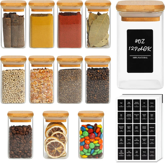 ComSaf 12Pcs Glass Spice Jars with Bamboo Lid, 8oz Airtight Square Containers with 275 Black Lables, Empty Seasoning Jars
