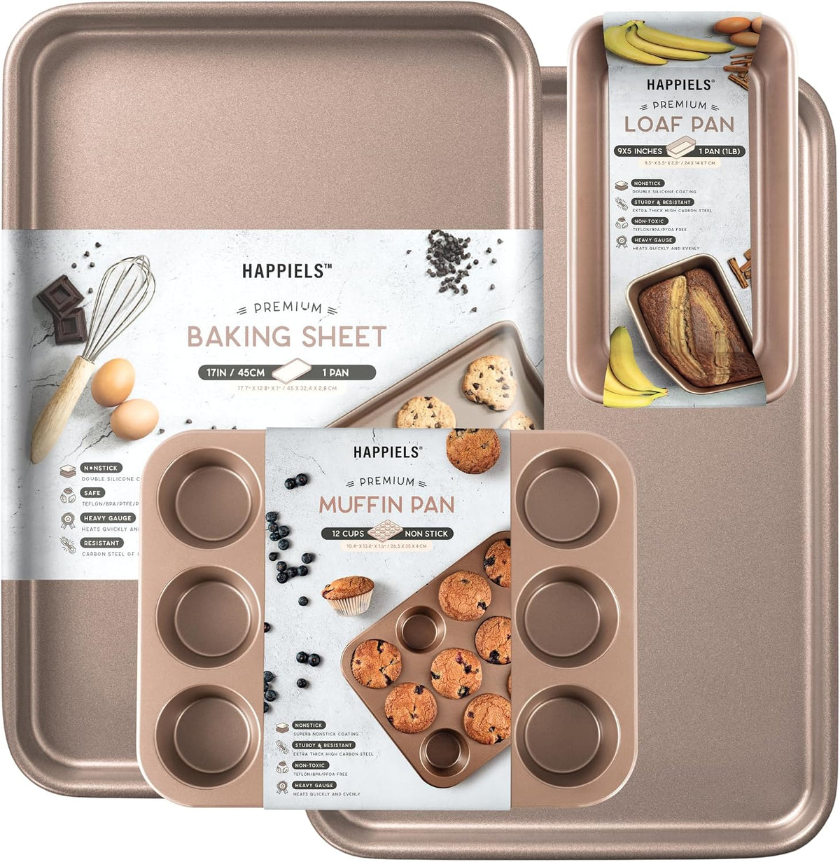 Premium PFOA free Nonstick Baking Pans Bundle of 4 items: 13 x 18 inch Half Baking Sheet Set of 2, 5 x 9 inch Loaf Bread Pan, 9 x 13 inches Cake Baking Pan