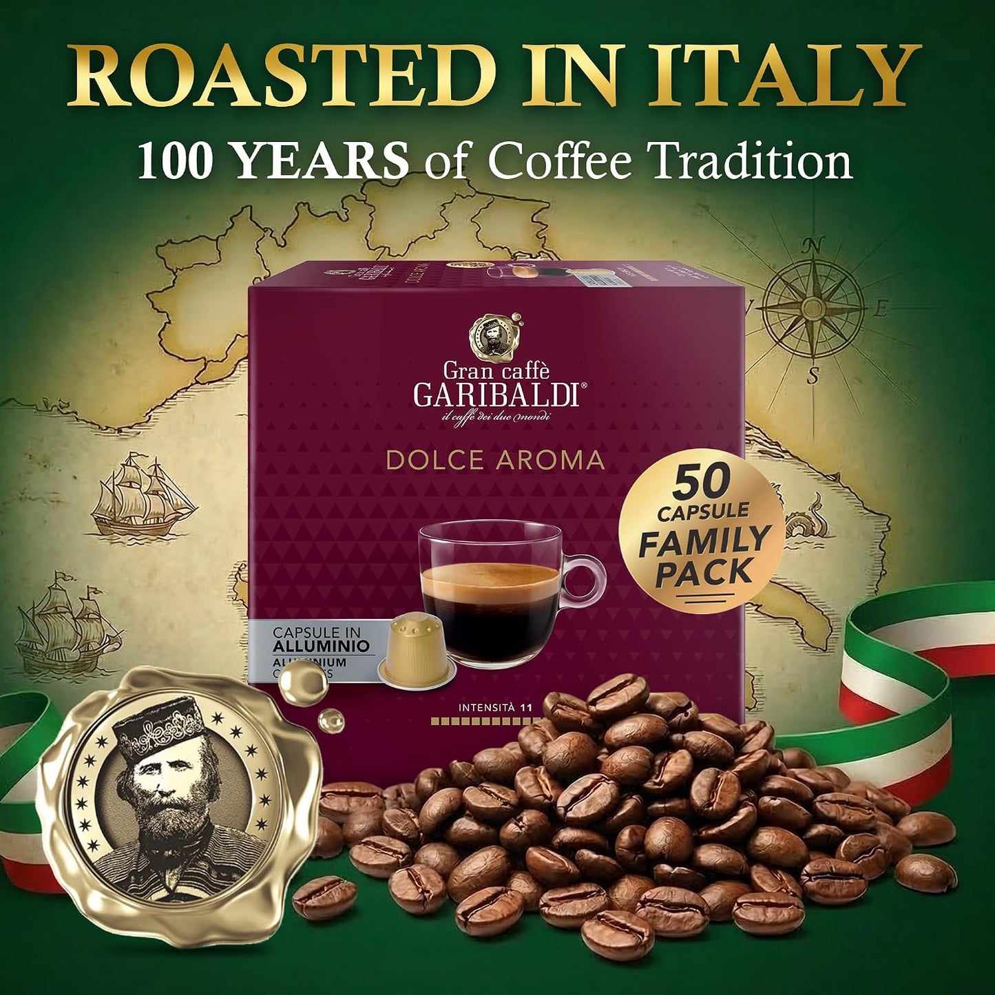 Gran Caffè Garibaldi Dolce Aroma Espresso Capsules Italian Roasted 50 Count | Italian Roasted Espresso Capsules With Full-Bodied Crema, Compatible With Nespresso Original Machines, Coffee Pods, 50 Count