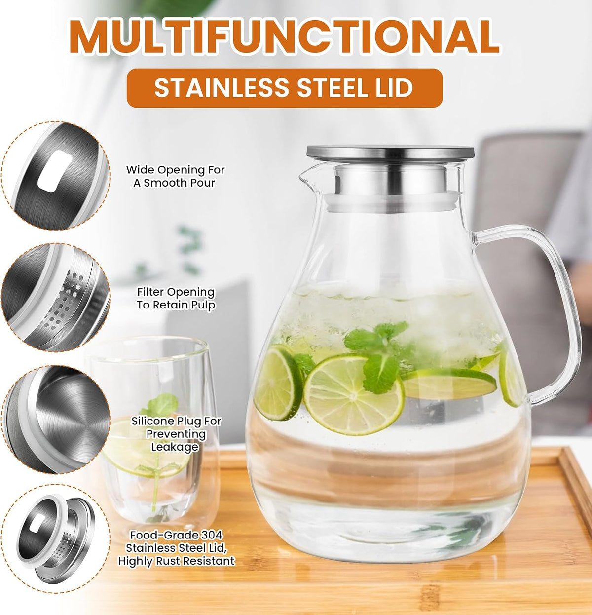 SUSTEAS 3 Litre 101oz Glass Pitcher with Lid and Spout, Handmade Pitcher | Glass Carafe for Cold/Hot Drink, Water Pitchers for Fridge, Large Water Jug for Iced Tea, Juice, Coffee, Homemade Beverage