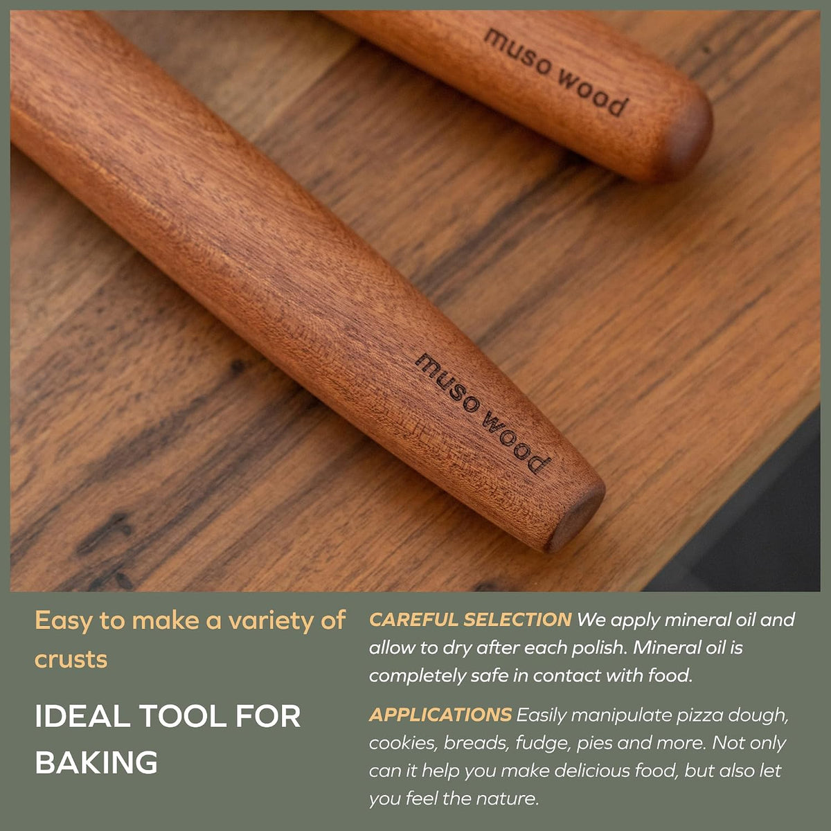 muso wood Sapele French Rolling Pin for Baking | Tapered Design, 15.75 inch, Ideal for Fondant, Pie Crust, Cookies &amp; Pastry Making