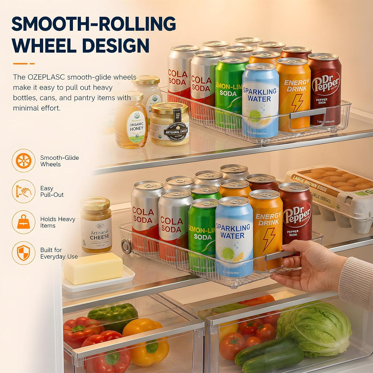 Refrigerator Organizers and Storage Roll Out Storage Bins Fridge Organizer with Wheels BPA-Free Clear Plastic Storage Bins Pantry Organizers and Storage 2 Pack