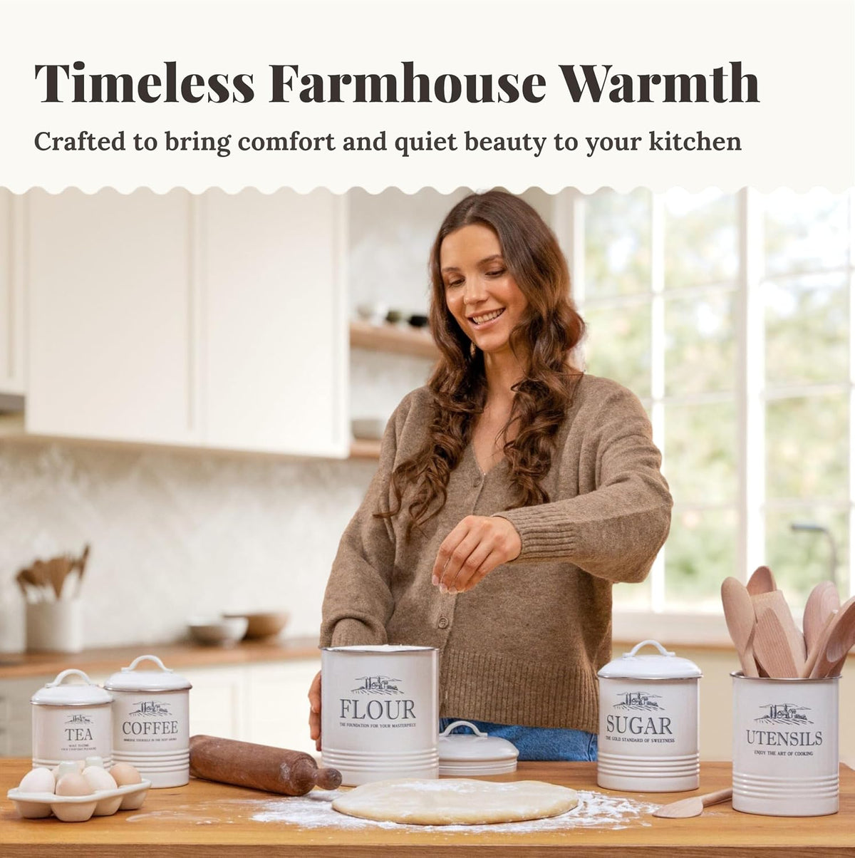 Canisters for Kitchen Counter, Set of 3 - Airtight Sugar and Flour Containers & Kitchen Utensil Holder, Rustic Farmhouse Canister Set for Kitchen Countertop