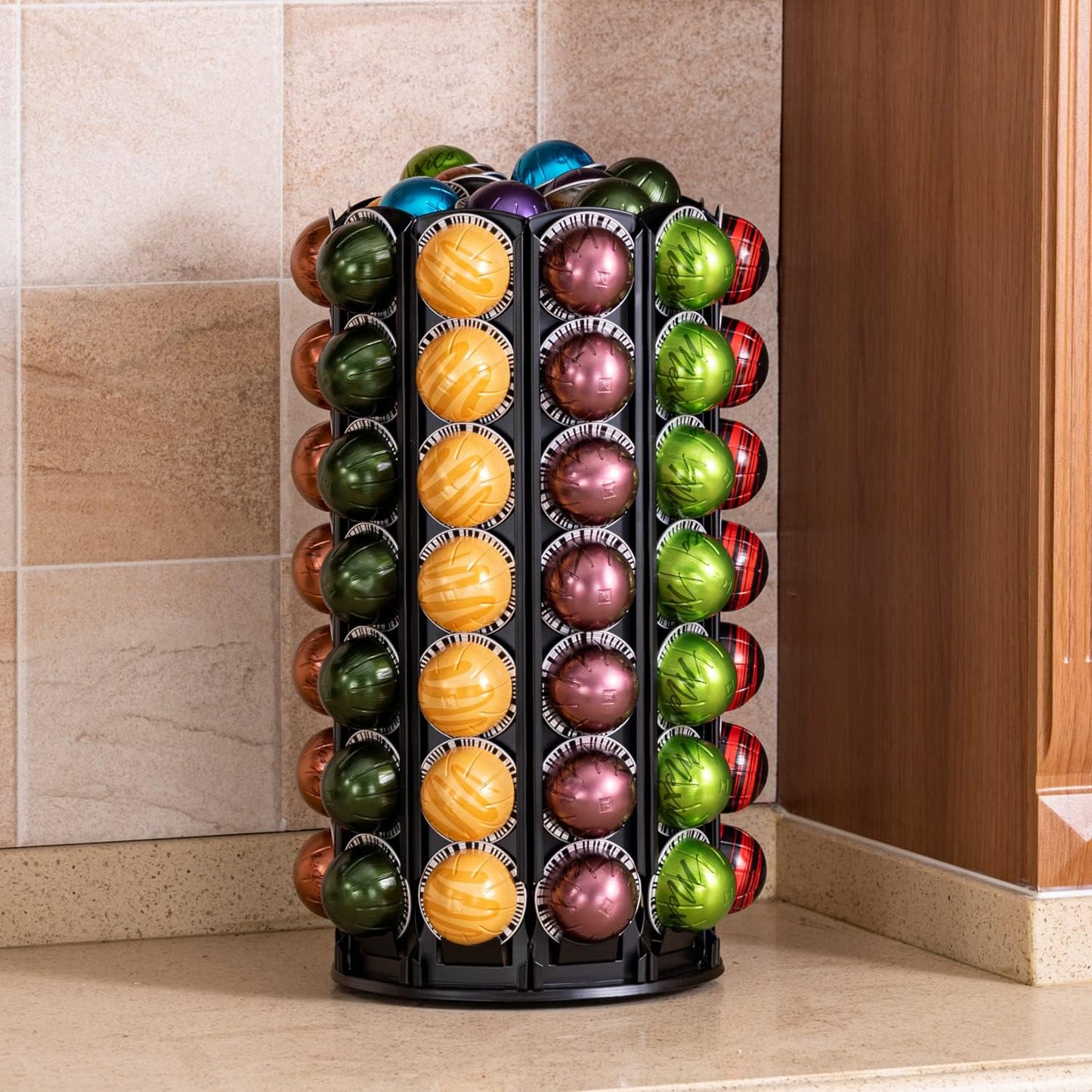 FlagShip Vertuo Pod Carousel Holder 100+ Pods Capacity Black Sturdy Metal | Maximize Save Space Heavy Duty 360° Silent Rolling Large Capacity for Nespresso Pod Organizer Fits All Size Vertuo Pod