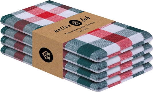 Native Fab Gingham Check Kitchen Towels 4 Pack 16x26 Inches - 100% Cotton, Soft, Absorbent Tea Towels & Kitchen Hand Towel