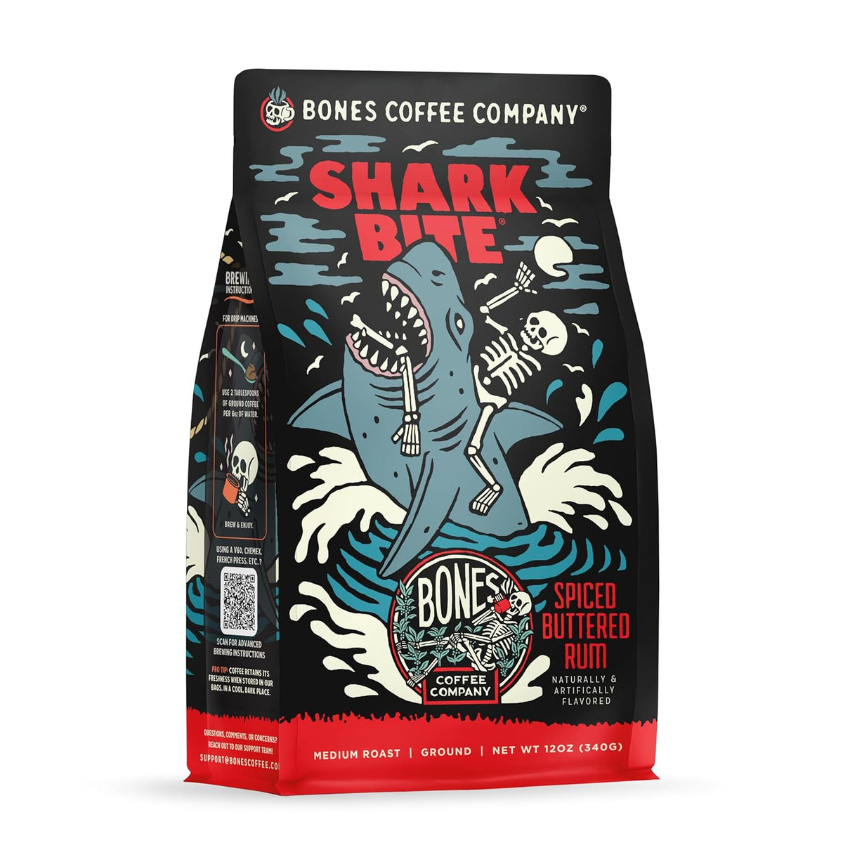 Bones Coffee Company Shark Bite, Buttered Rum Flavored Coffee, Medium Roast Low Acid Arabica Beans Compatible with Auto drip and French Press Coffee Maker, 12 Oz Ground