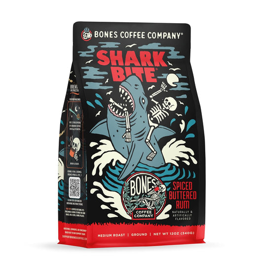 Bones Coffee Company Shark Bite, Buttered Rum Flavored Coffee, Medium Roast Low Acid Arabica Beans Compatible with Auto drip and French Press Coffee Maker, 12 Oz Ground