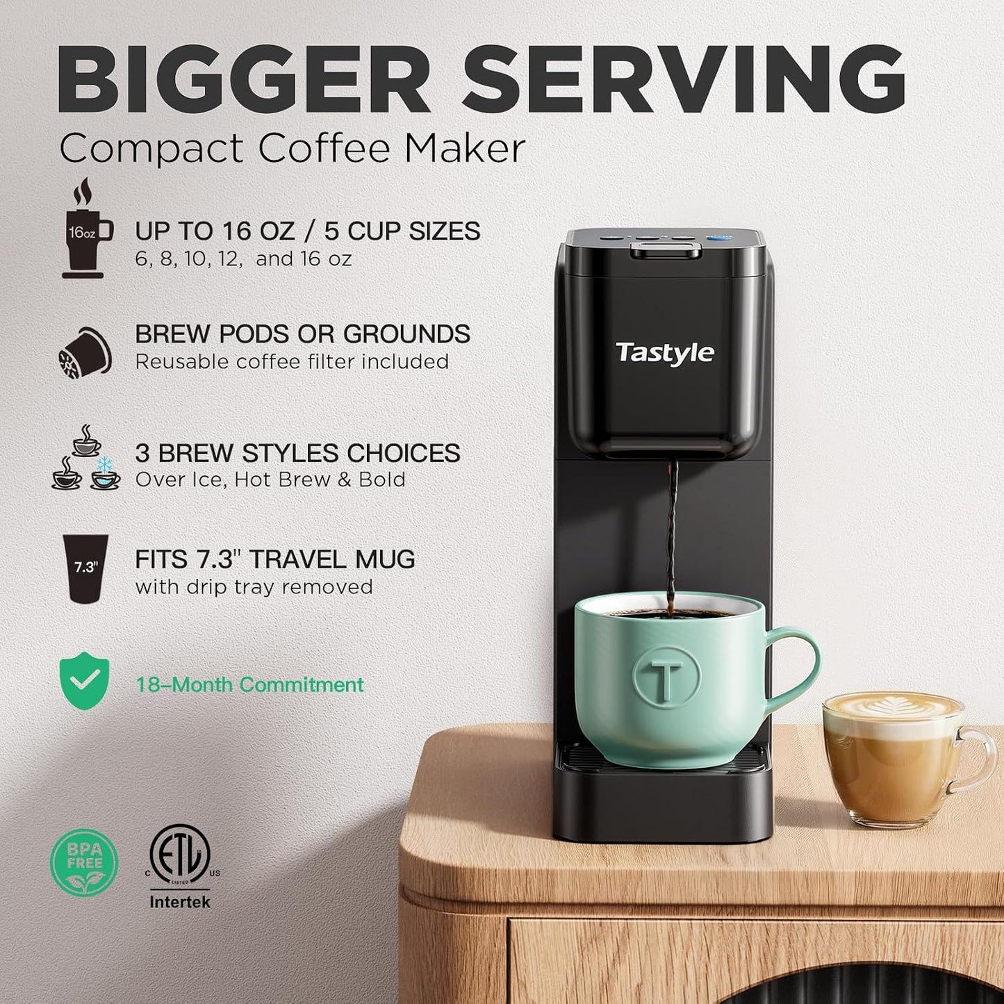 Tastyle Single Serve Coffee Maker Hot and Iced with Bold Brew, Up to 16 Oz