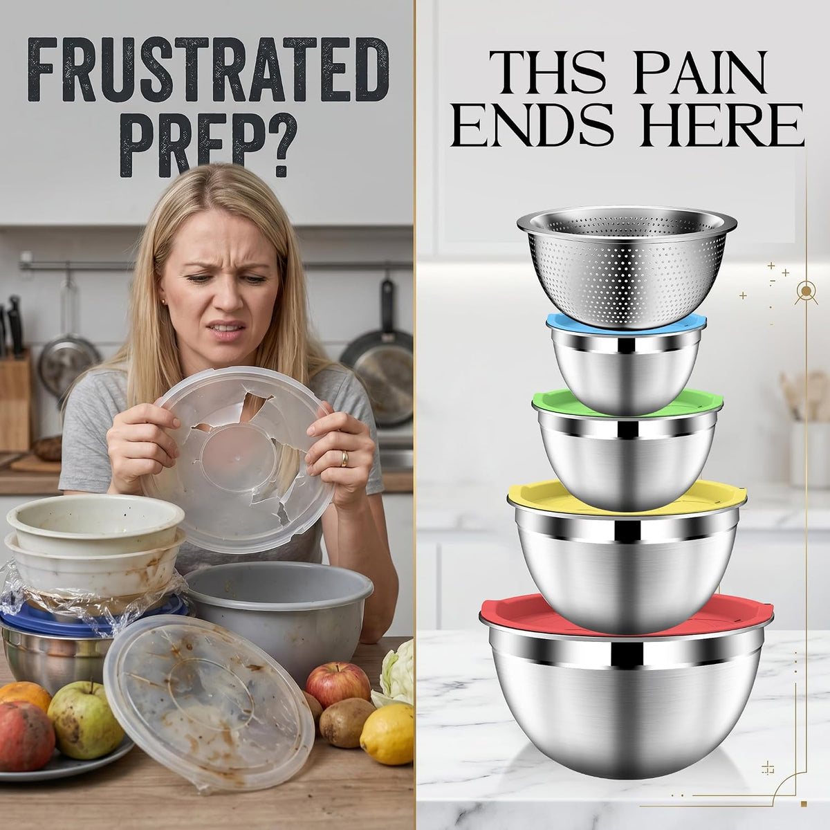 DUTZUN Colorful Mixing Bowls with Strainer, Mixing Bowl with Lids Set, Stainless Steel Mixing Bowls, Kitchen Gadgets Salad Bowls with Strainer for Mixing &amp; Preping &amp; Serving