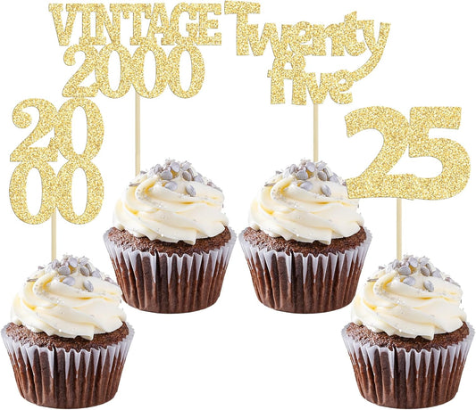 Gyufise 24Pcs Cheers to 25 Cupcake Toppers Glitter Twenty-five Vintage 2000 25th Birthday Cupcake Picks Hello 25 Years