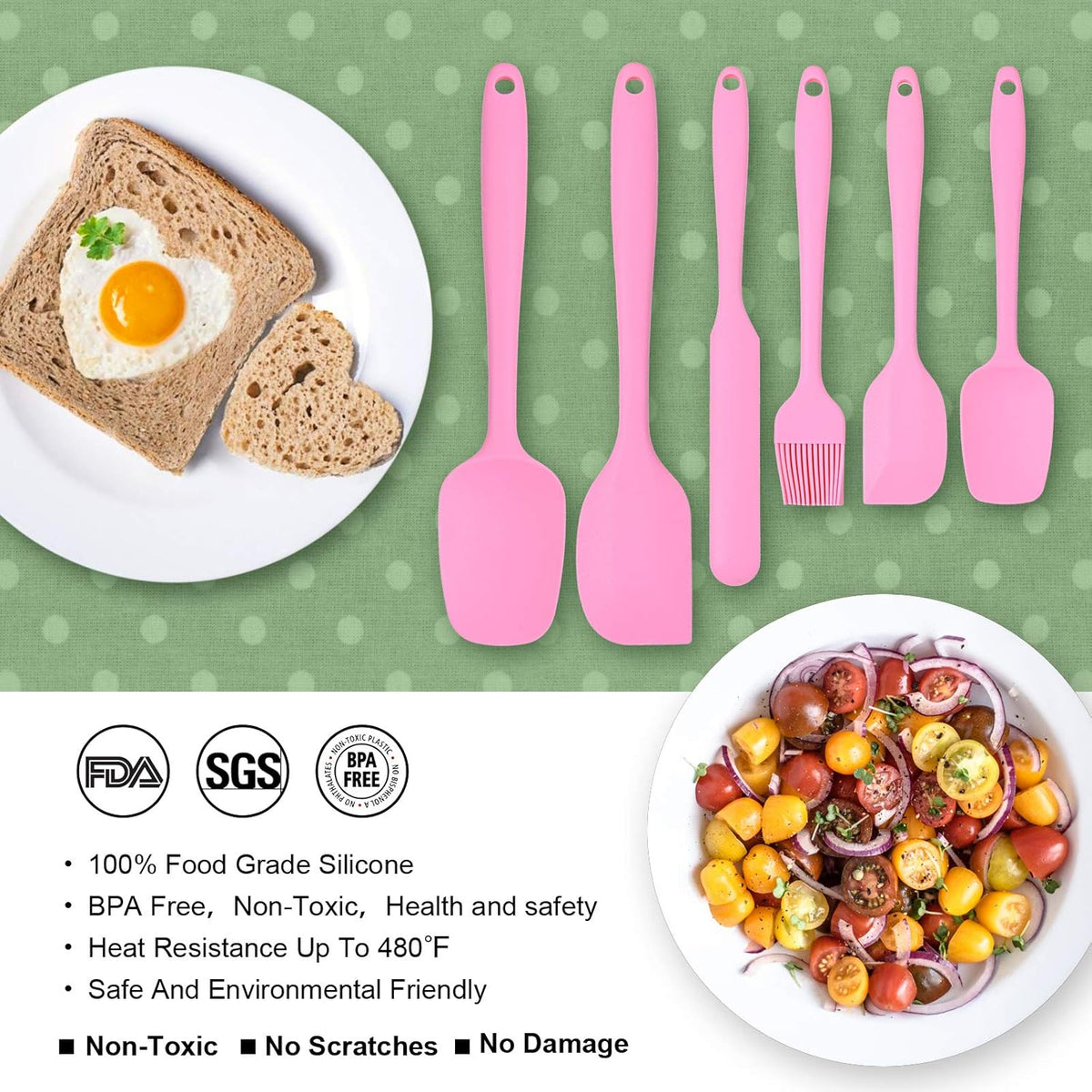 Heat Resistant Silicone Spatulas Set Food Grade Silicone Seamless One Piece Design BPA-Free,Non-Stick,Dishwasher Safe,Cooking and Mixing Set of 6PCS-pink(pink)
