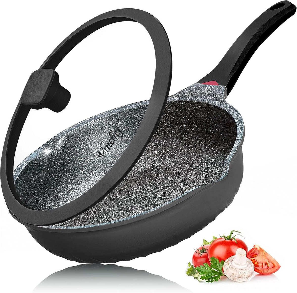 Vinchef Nonstick Skillet with Lid, 12.5In Aluminum Deep Frying/Saute Pan with Lid and Heat Indicator, Anti Scratch and Anti Stain, Induction Compatible