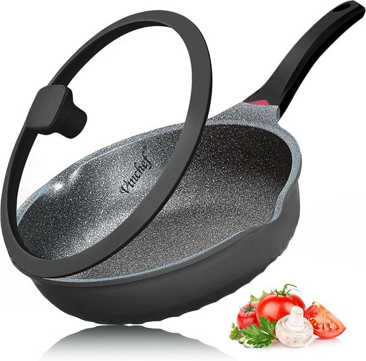 Vinchef Nonstick Skillet with Lid, 12.5In Aluminum Deep Frying/Saute Pan with Lid and Heat Indicator, Anti Scratch and Anti Stain, Induction Compatible
