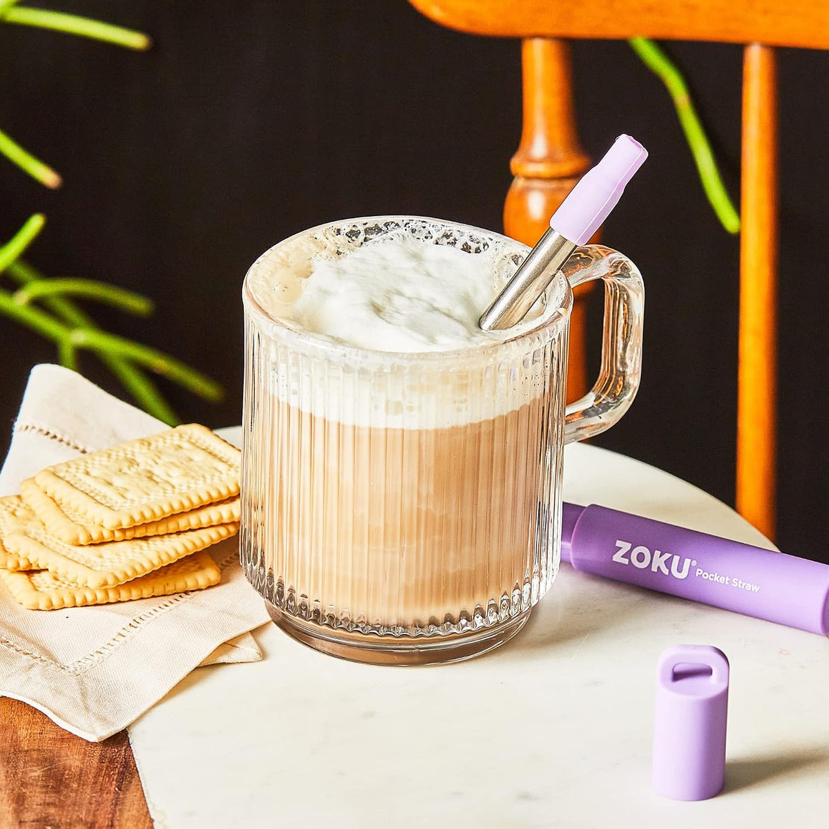 ZOKU Reusable Metal Straw with Case for Travel, Purple - Collapsible Stainless Steel Drinking Straw with Silicone Tip and Cleaner Brush, Ideal for Key Chains, Pockets, Purses | Collapsible Stainless Steel Drinking Straw with Silicone Tip and Cleaner Brush