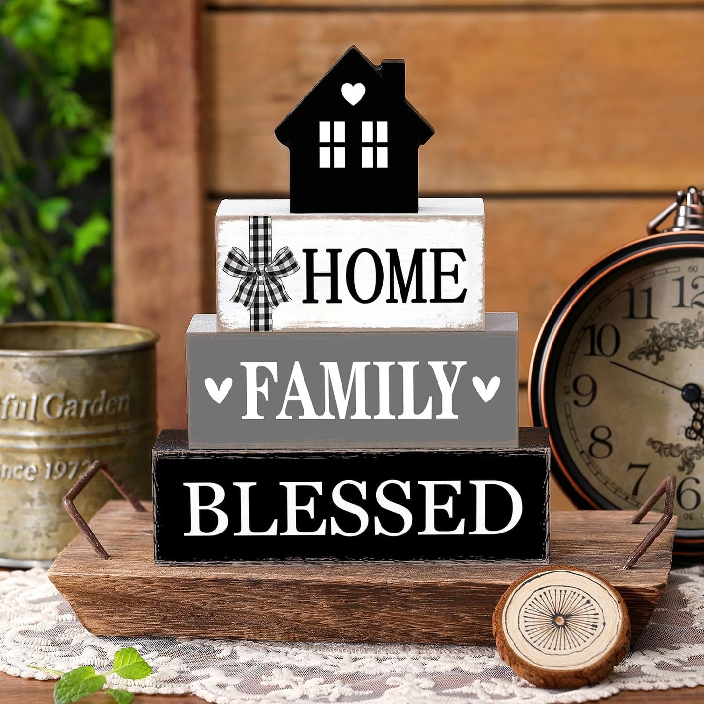 Cinnvoice 4 Pcs Farmhouse Table Decoration Rustic Sign Block,Blessed
