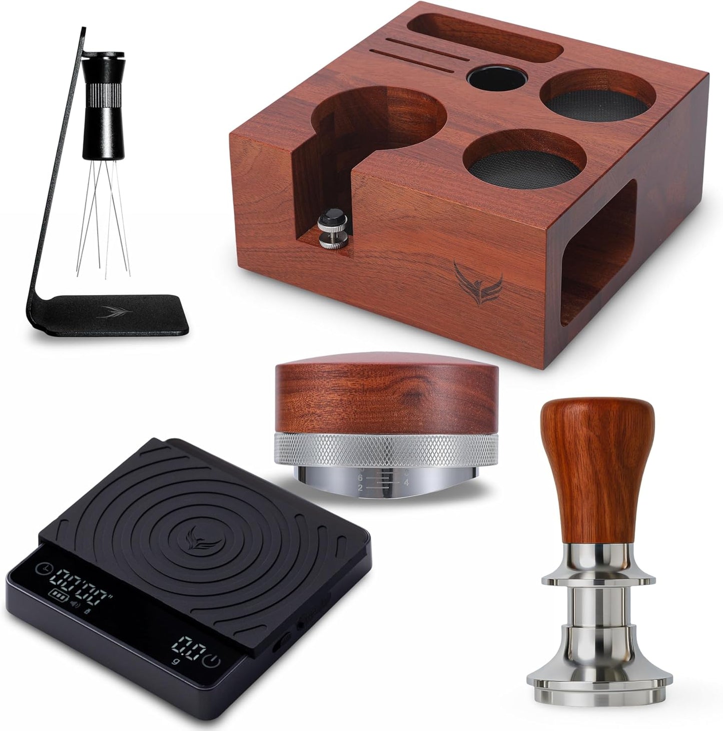 58mm Espresso Accessories Set – Tamping Station, Calibrated Tamper, Adjustable Coffee Distributor, WDT Puck Prep Tool & Scale for Rocket, ECM & Lelit