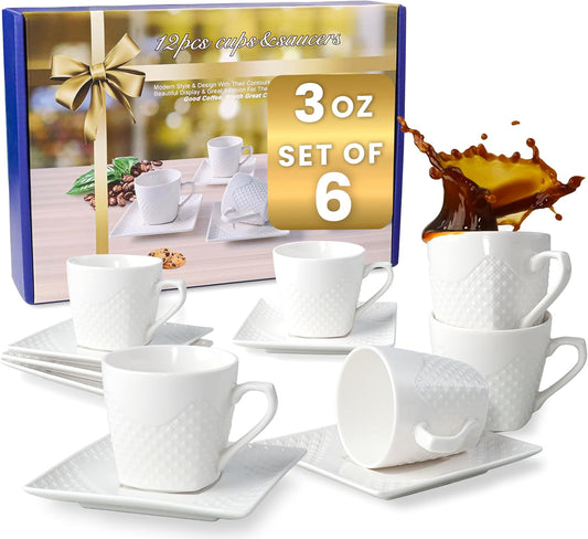 Espresso Cups With Saucer 3oz/90ml, Turkish Coffee Cup Set, White Espresso Cups Set of 6 Italian Style, Demitasse Espresso