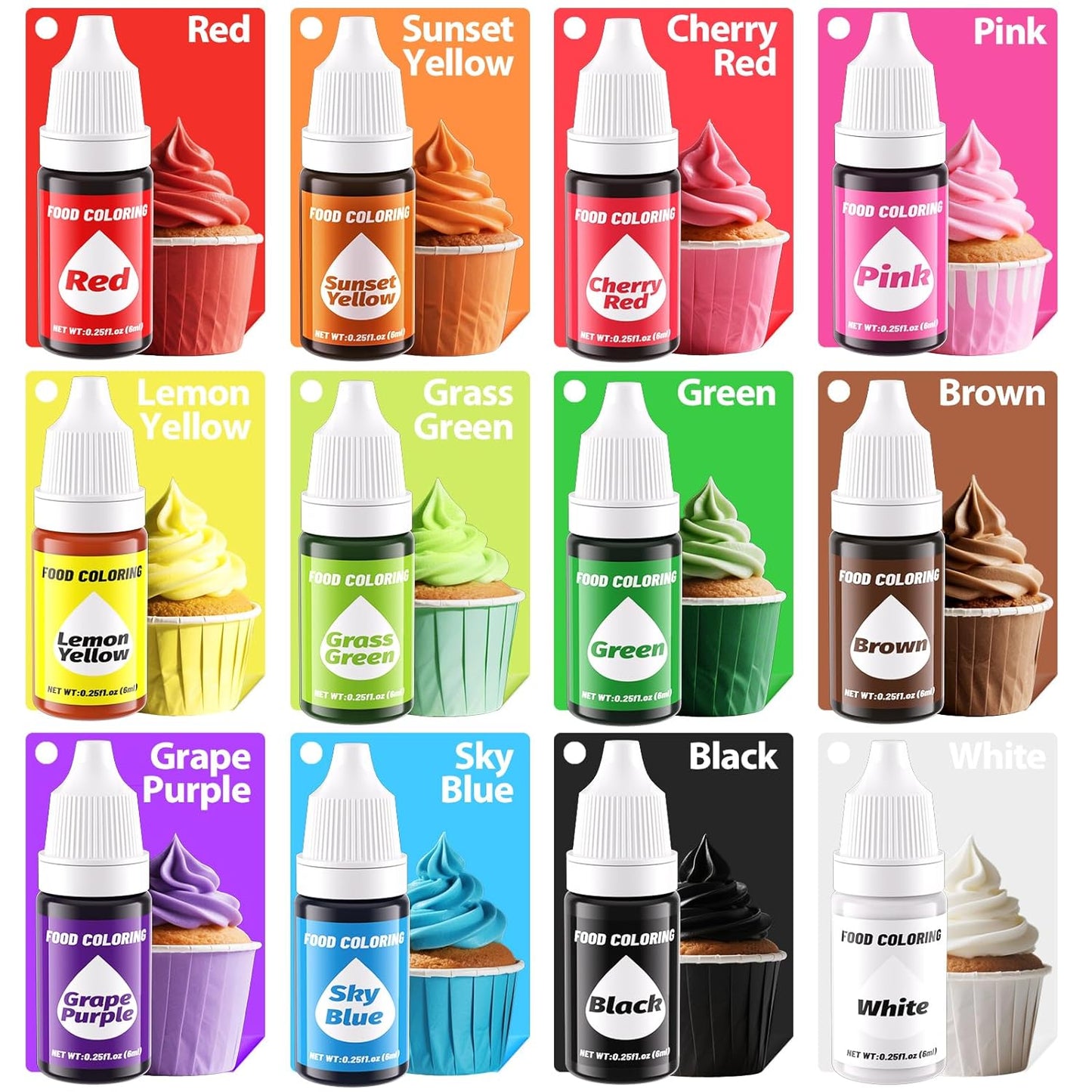 12 Color Gel Food Coloring Liquid Set, KATSPRO Food Grade Tasteless Vibrant Food Coloring Dye for Baking Icing Cake Decorating Cookie Fondant, Frosting, Cookies, Christmas Baking, Easter Egg and DIY Supplies Kit - 0.25 Fl.oz(6ml)/Bottles