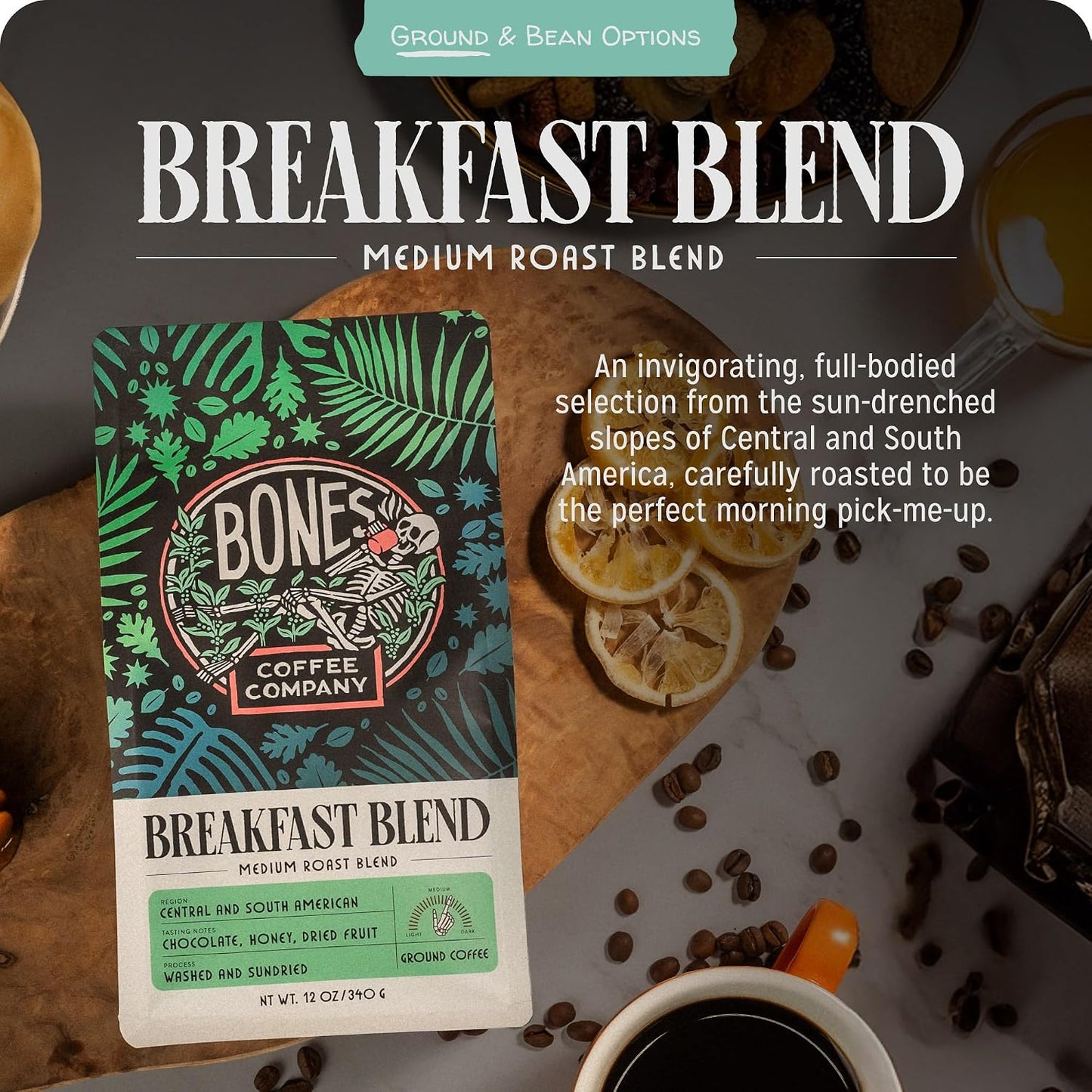 Bones Coffee Company Breakfast Blend, Chocolate, Honey and Dried Fruit Notes, Unflavored Coffee, Medium Roast Low Acid Arabica Beans Compatible with Auto drip and French Press Coffee Maker, 12 Oz Ground