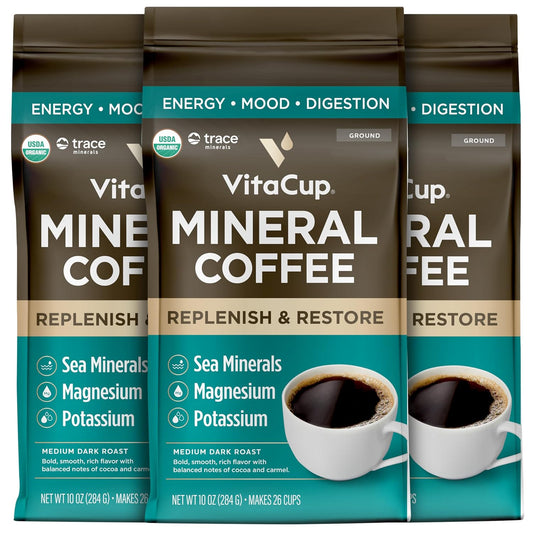 VitaCup Mineral Organic Medium Dark Roast Ground Coffee, 30oz, 3 Bags | Single Origin, Electrolytes, Sea Minerals