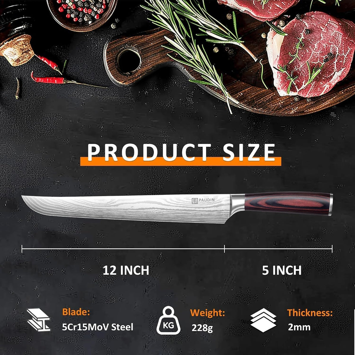 PAUDIN 12" Brisket Knife, Razor-Sharp Edge Slicing Knife for Brisket Meat