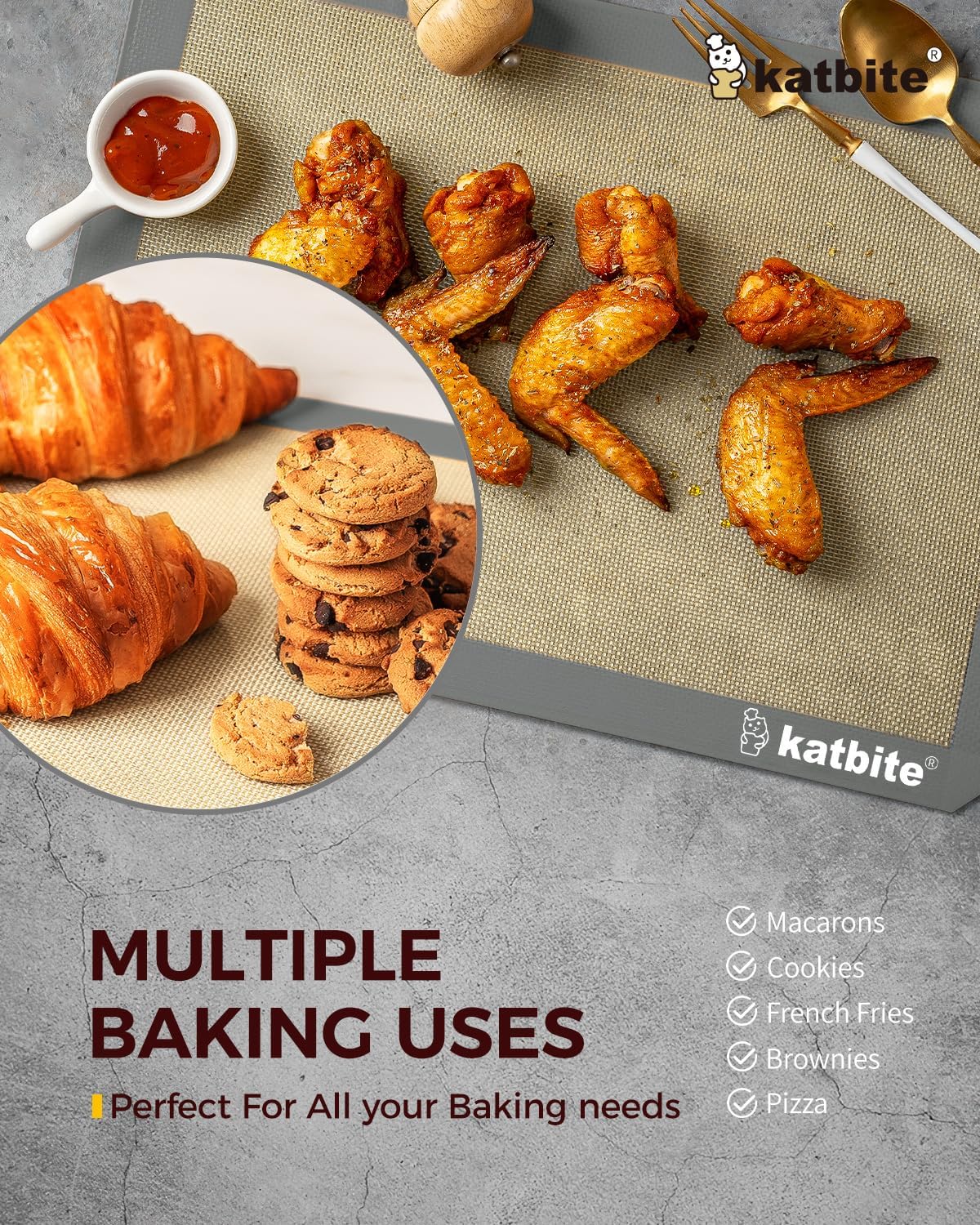Katbite Silicone Baking Mat Set of 3 Grey | 2 Half Sheets Mats + 1 Quarter Baking Sheet, Reusable &amp; Nonstick Bakeware Mats for Cookies, Macarons, Bread