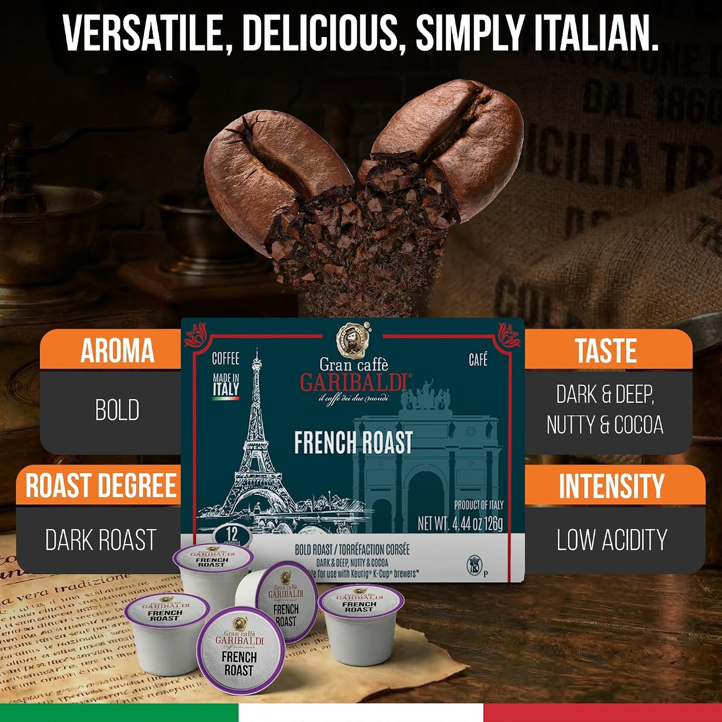 Caffè Garibaldi French Roast Coffee Pods, Dark Roast, 12 Count K Cups | 100% Arabica Dark Roast Coffee Pods Compatible With Keurig K-Cup Brewers, Recyclable Single-Serve Capsules, 12 Count Pack